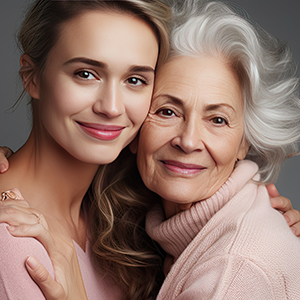 Adult daughter embraces mature woman both look directly at camera isolated on grey background