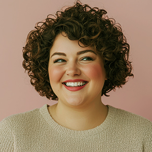 Joyful smiling woman portrait studio photography bright pink background cheerful mood